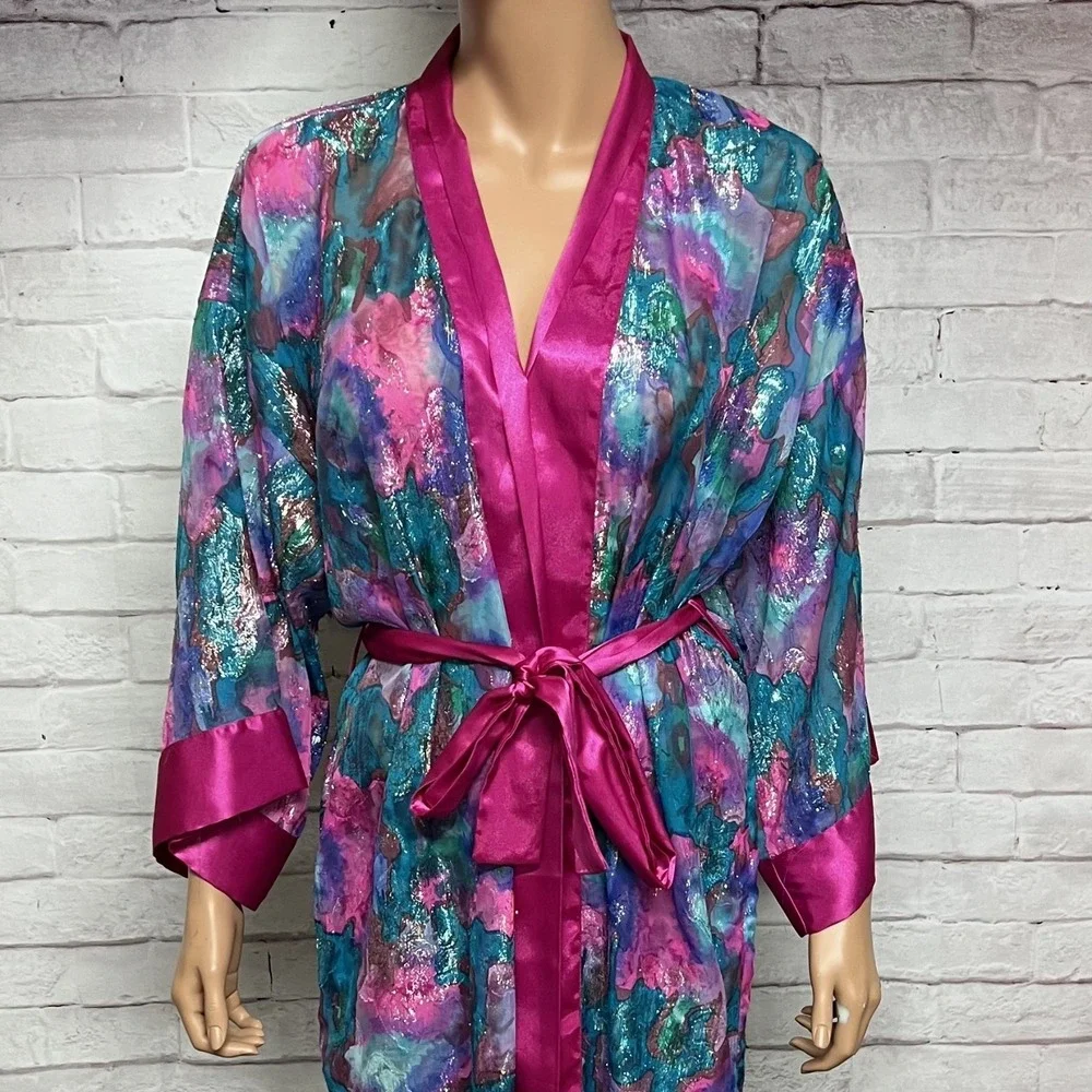 Victorias Secret Bathrobe Womens One Size OSFM‎ Pink Floral Gold Label Vintage